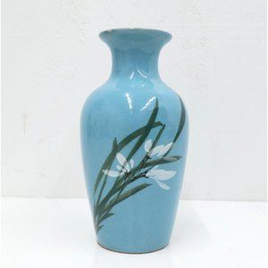6in Floral Pattern Robin Blue Bud Vase Ceramic Hand Painted Made in Japan Glazed